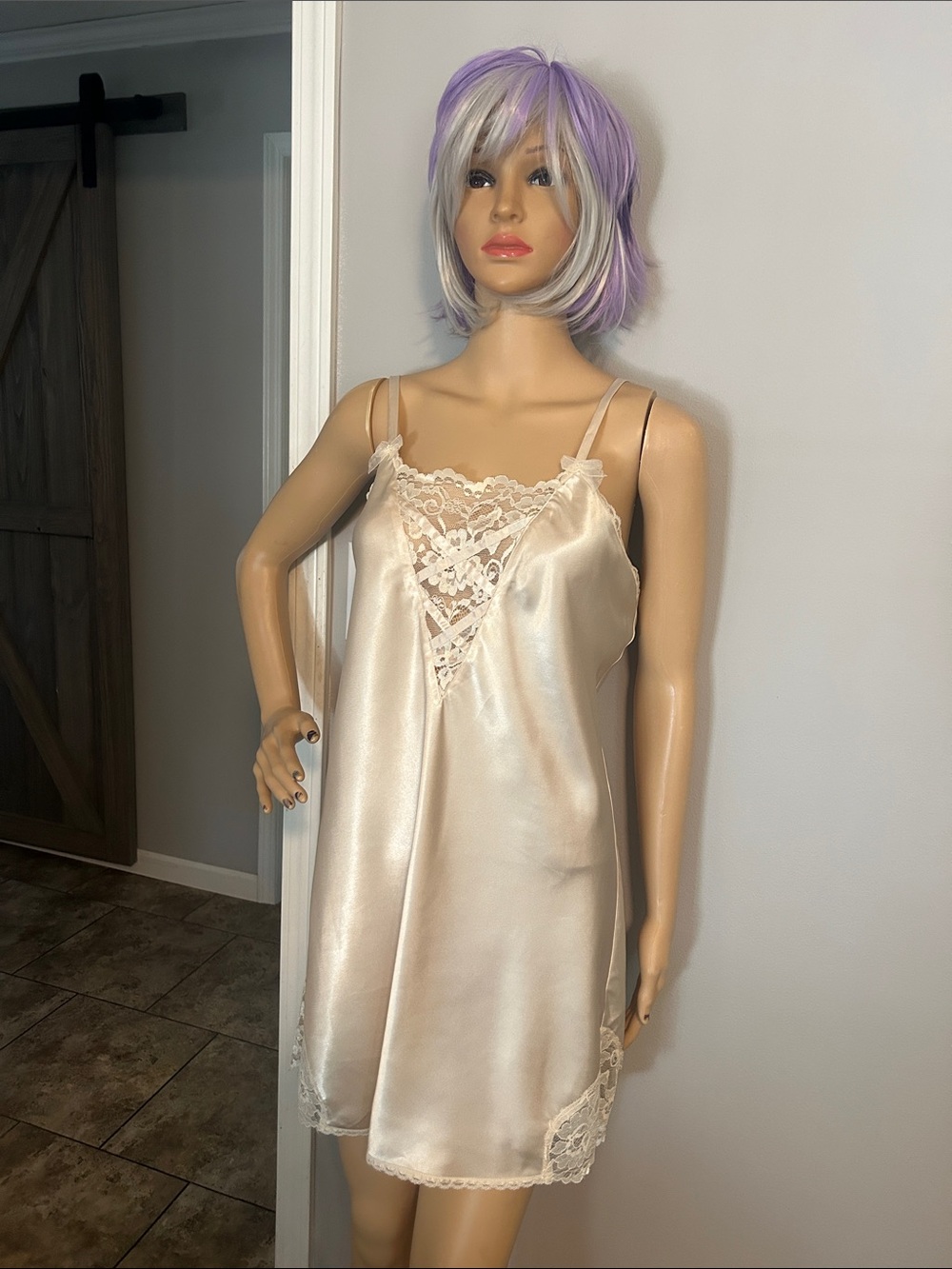 Kathie Lee Collection Cream Satin Lace-Trim Slip Chemise